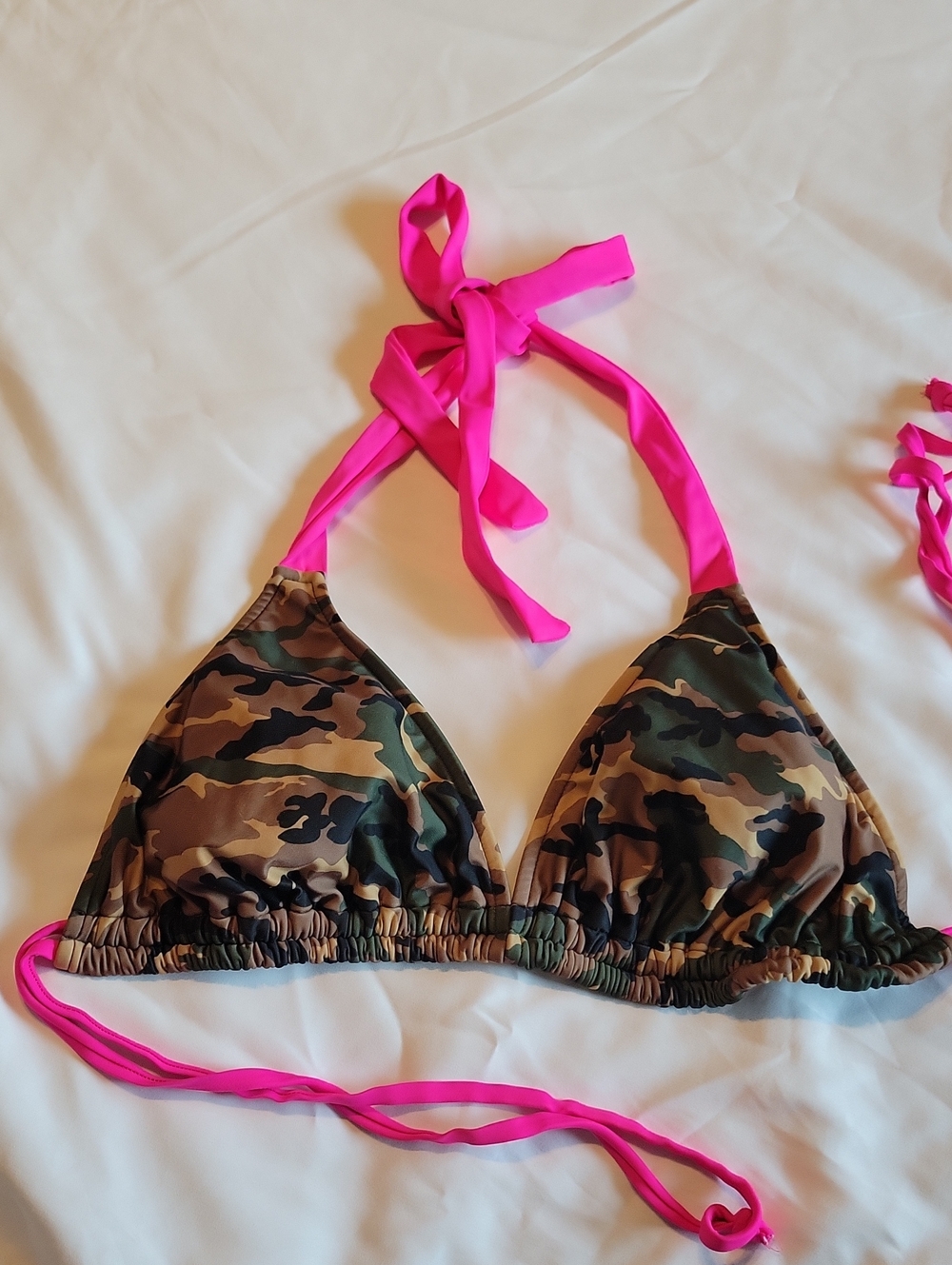 Camo Triangle Bandeau Bikini Top with Hot Pink Ties